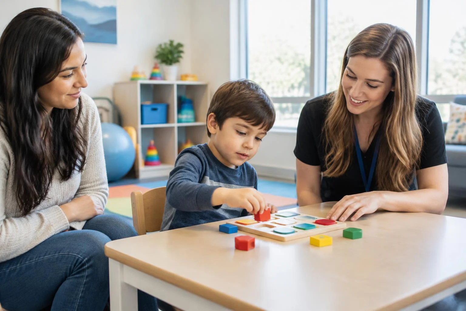 Behavior analyst and parent supporting a child's ABA therapy session