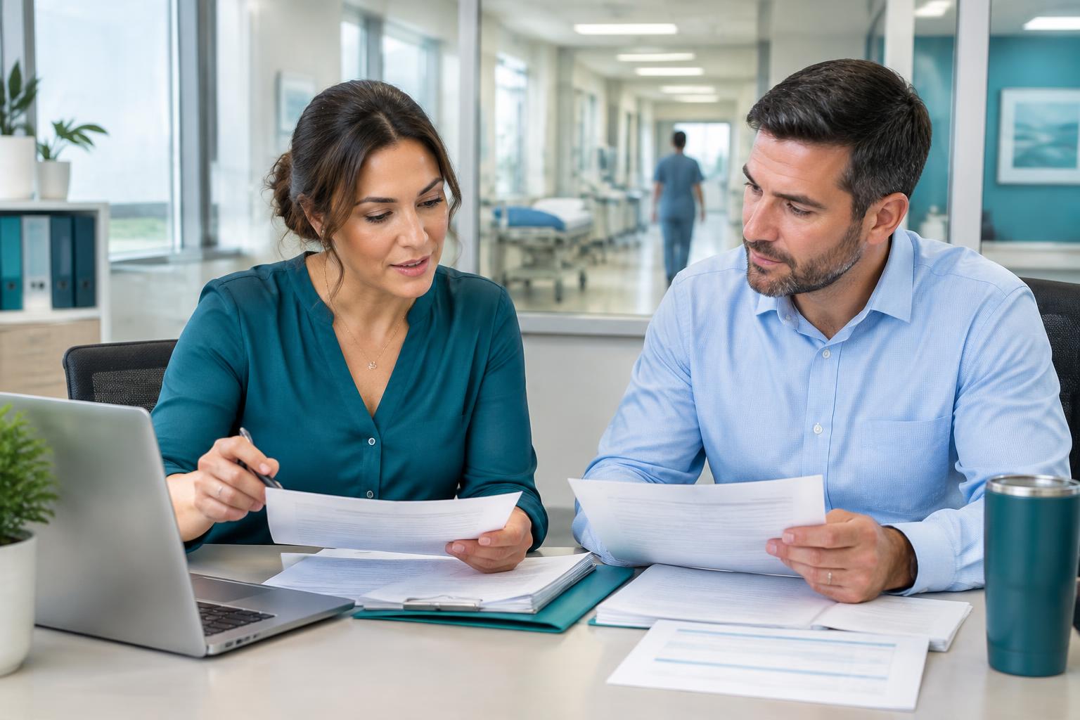 Surgery center team reviewing facility claims and collections
