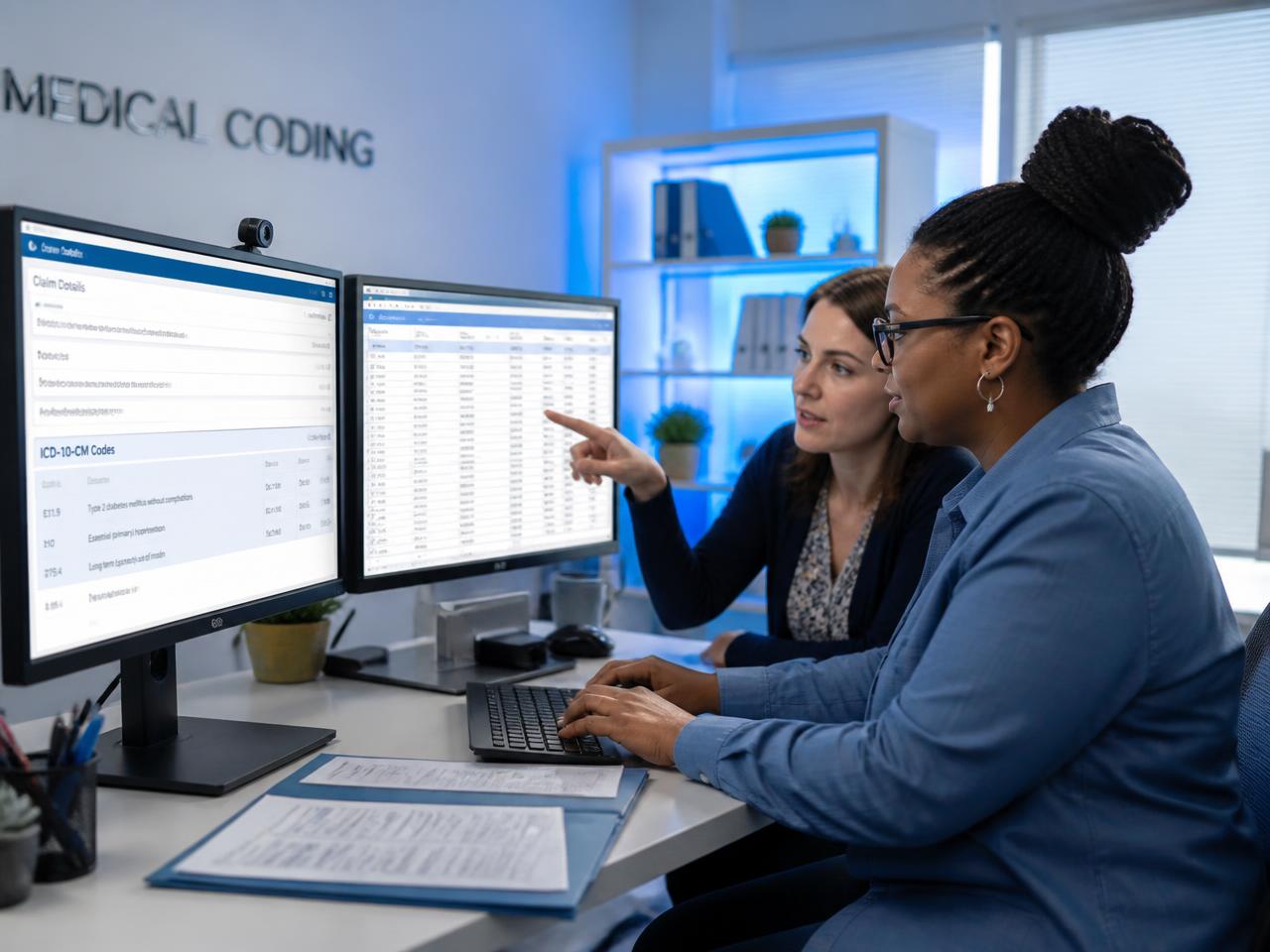 Certified medical coders reviewing ICD-10 codes and claim details on dual monitors