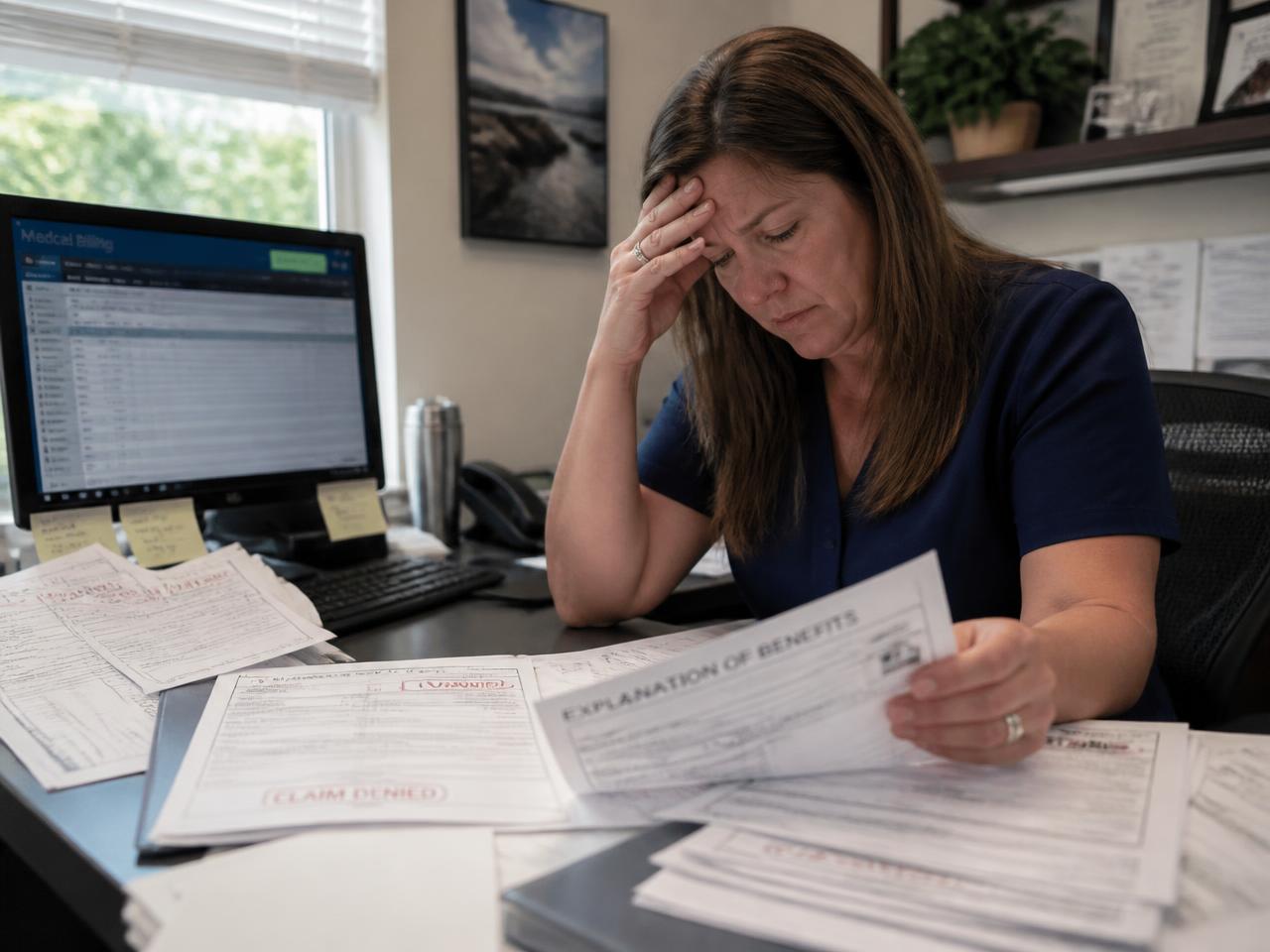 Practice office manager reviewing denied insurance claims and explanation of benefits paperwork