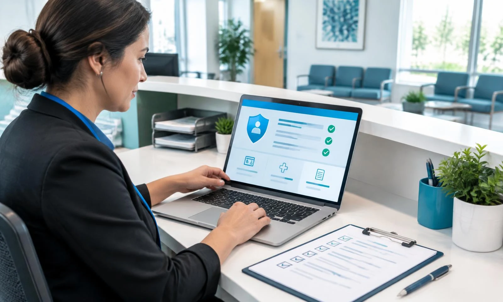Illustrative medical office administrator checking patient coverage on a laptop