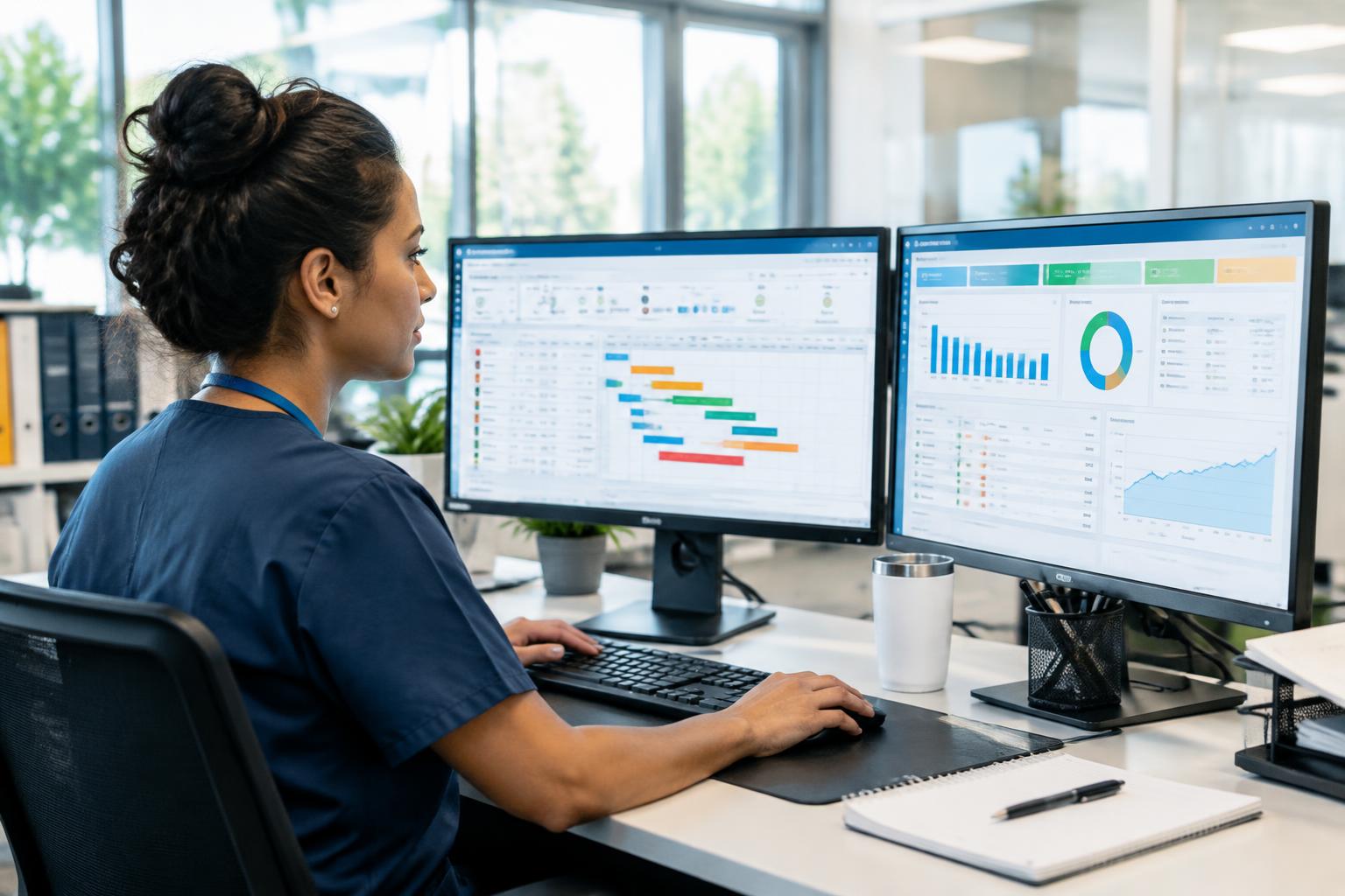 Billing specialist working ED tracking board and claims dashboards