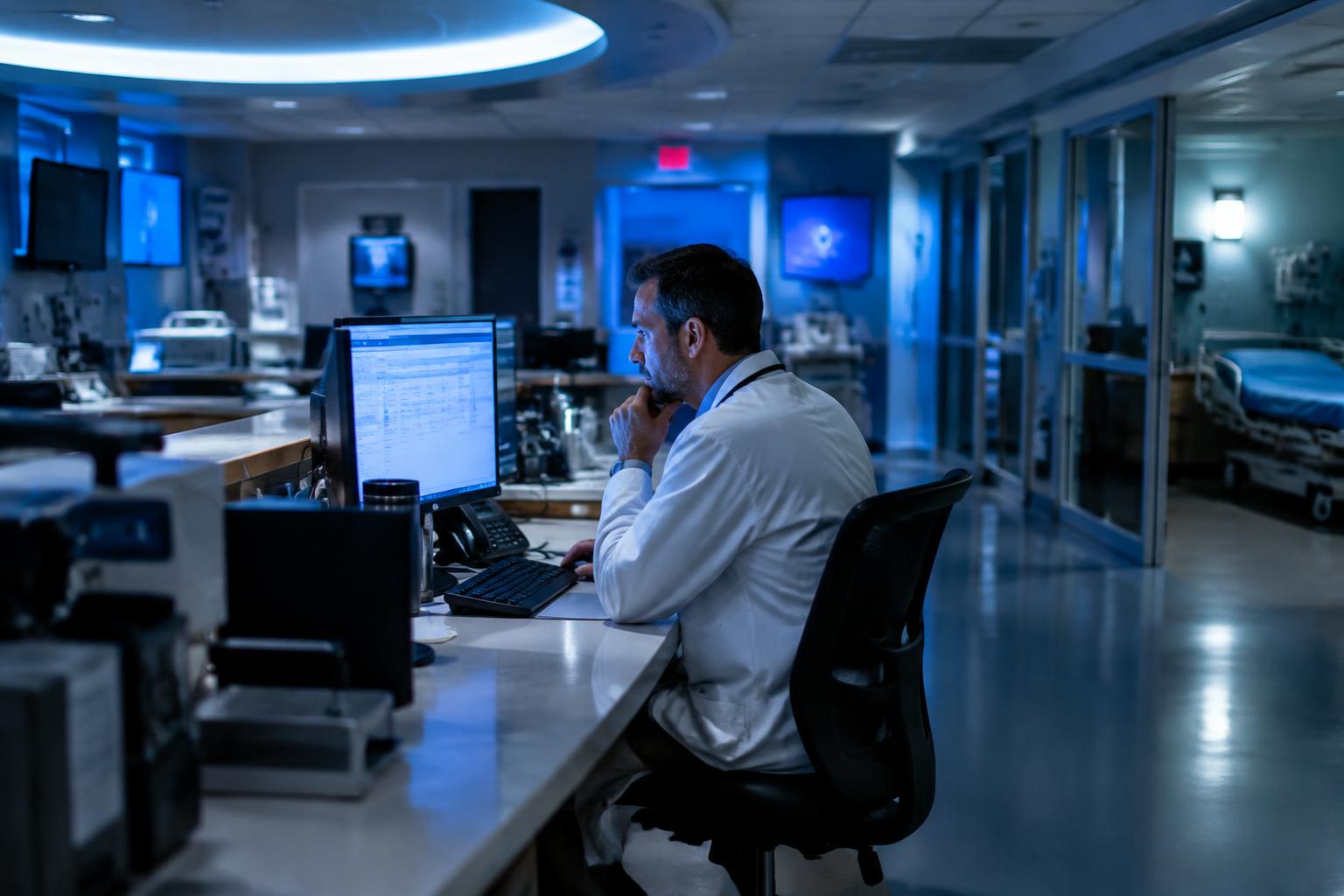 Emergency department physician reviewing charts at a Nevada ER nurses station