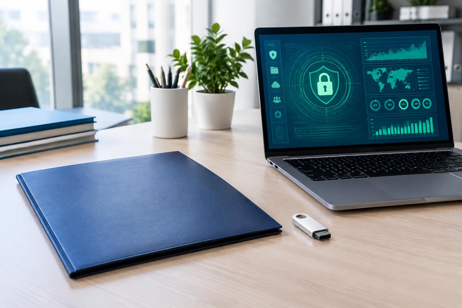 Encrypted-workspace illustration with a laptop, hardware security key and closed documents