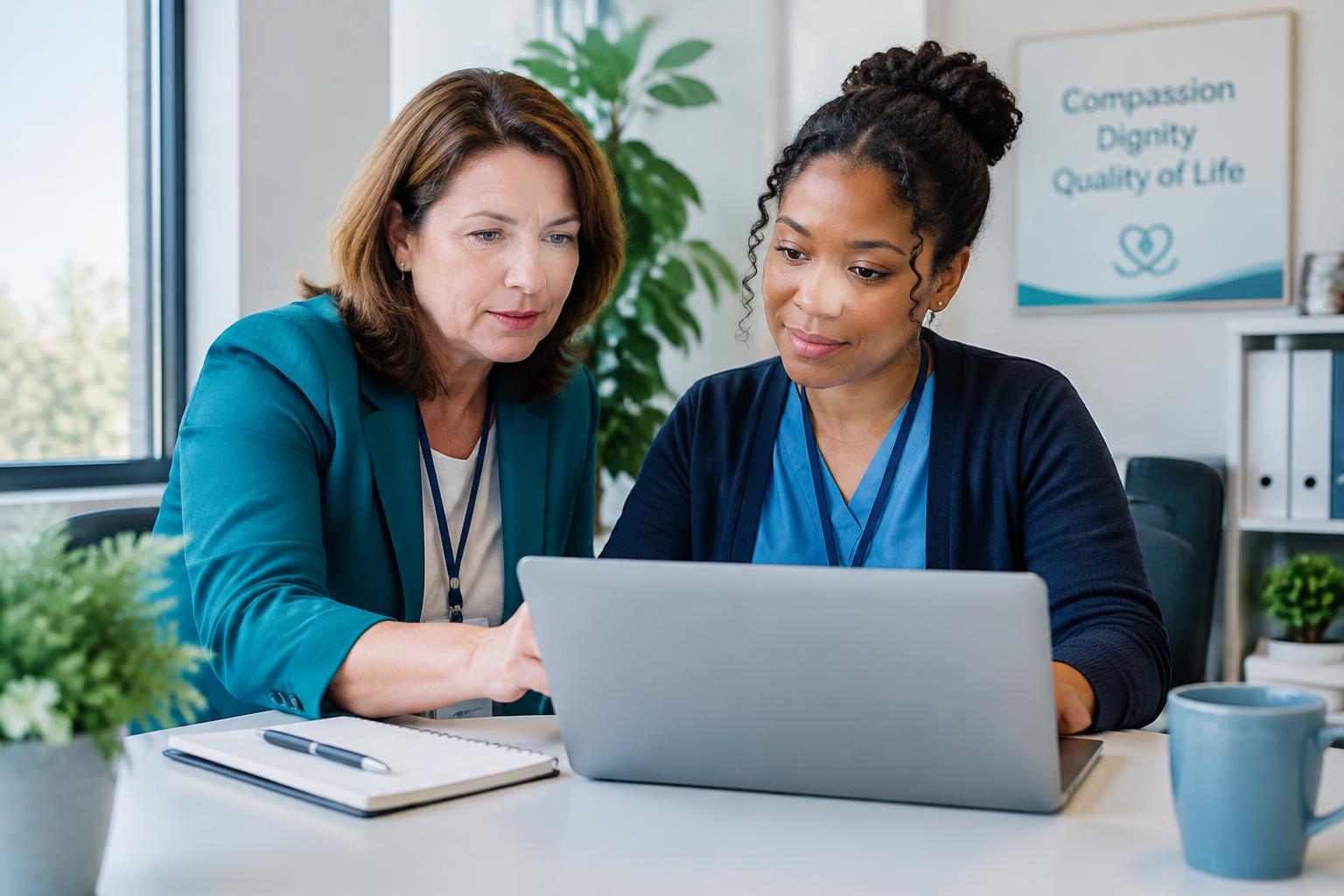 Hospice agency professionals reviewing billing together
