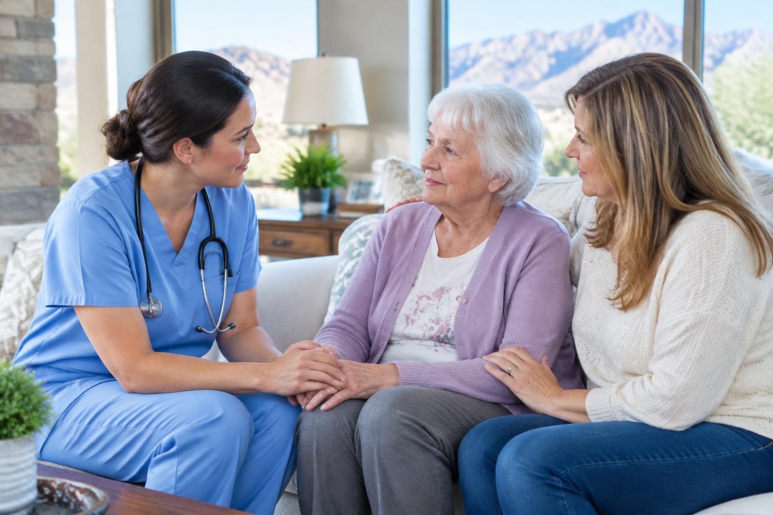 Hospice nurse supporting an older adult and her family
