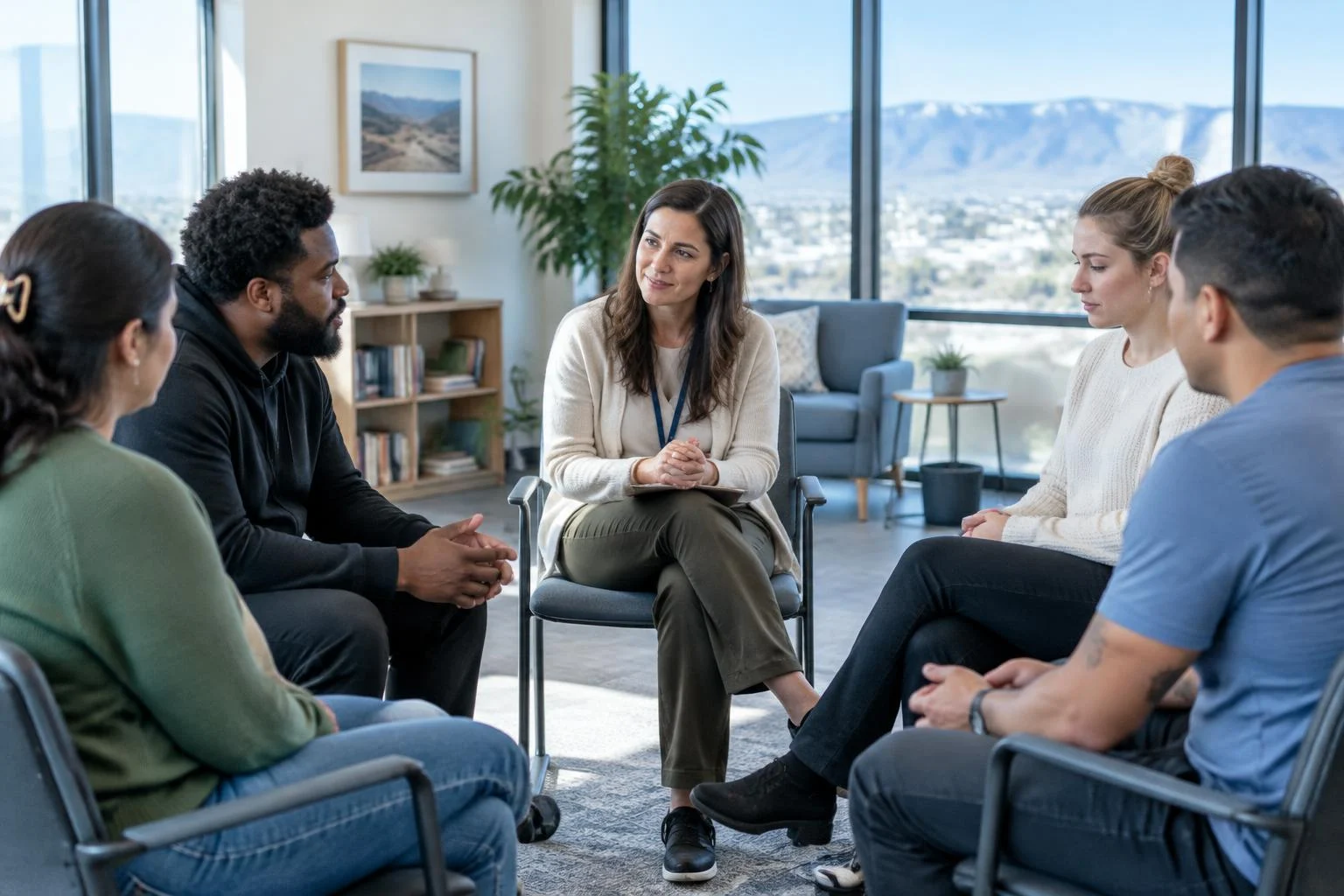 Counselor supporting adults during a group session in an outpatient behavioral health program