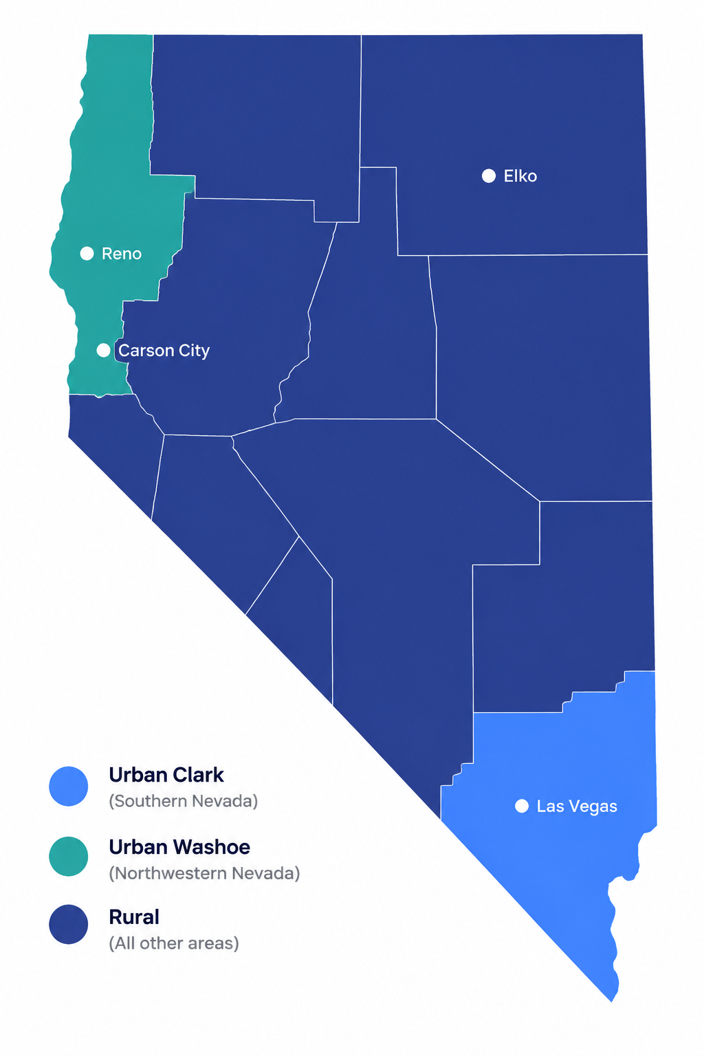 Infographic map of Nevada's three Medicaid managed care service areas: Urban Clark in blue, Urban Washoe in teal, and Rural in navy
