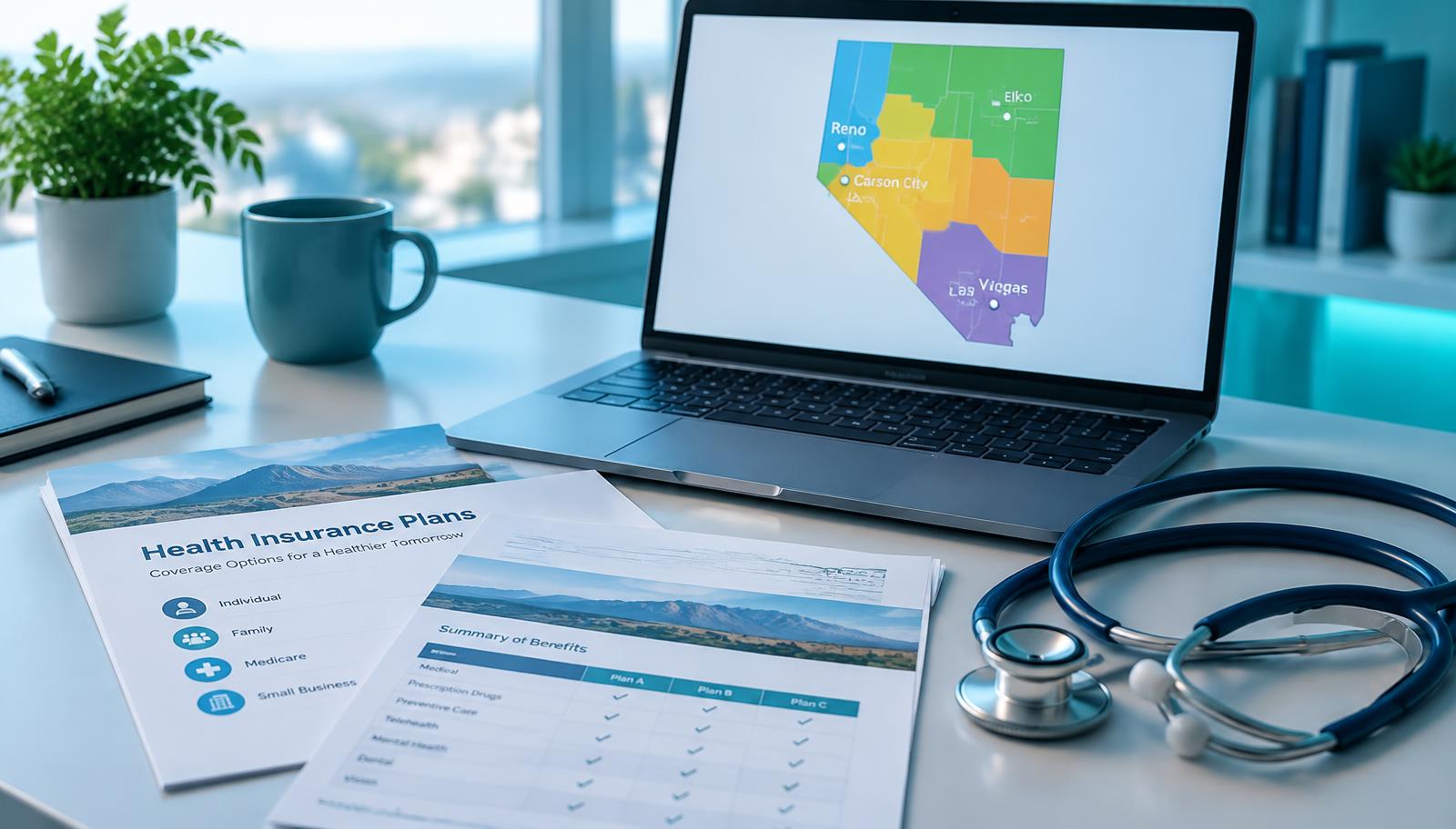 A Nevada medical biller's desk with a laptop showing a color-coded Nevada managed care map and health plan documents