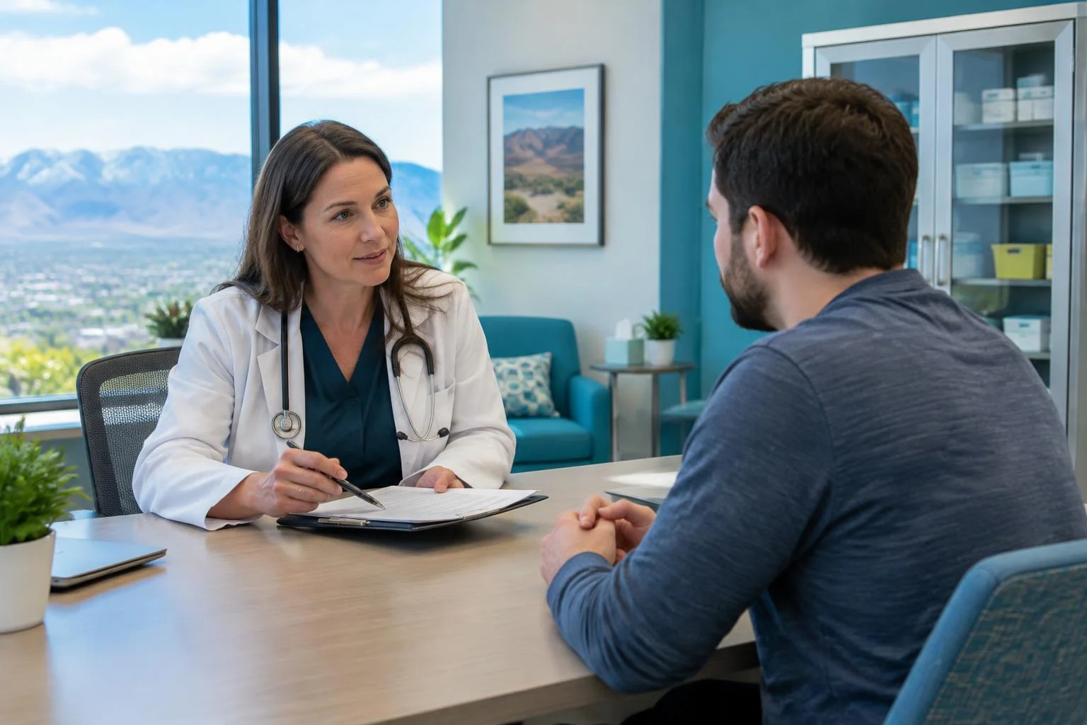 Physician reviewing a treatment care plan with a patient in an outpatient addiction medicine clinic