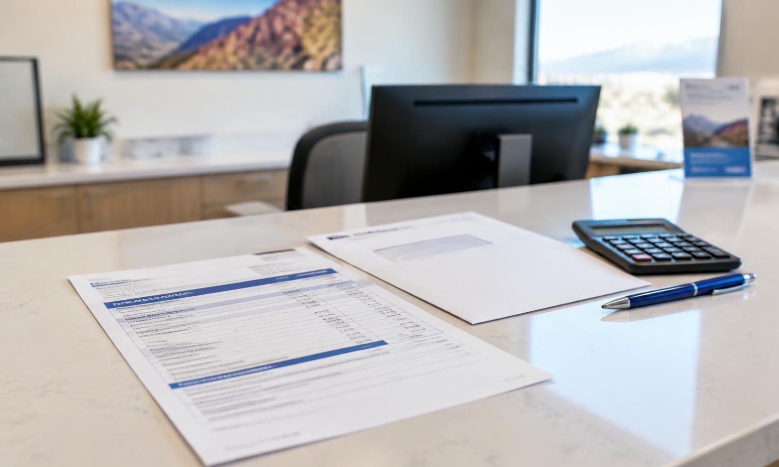 Itemized patient statement and envelope on a Nevada clinic front desk