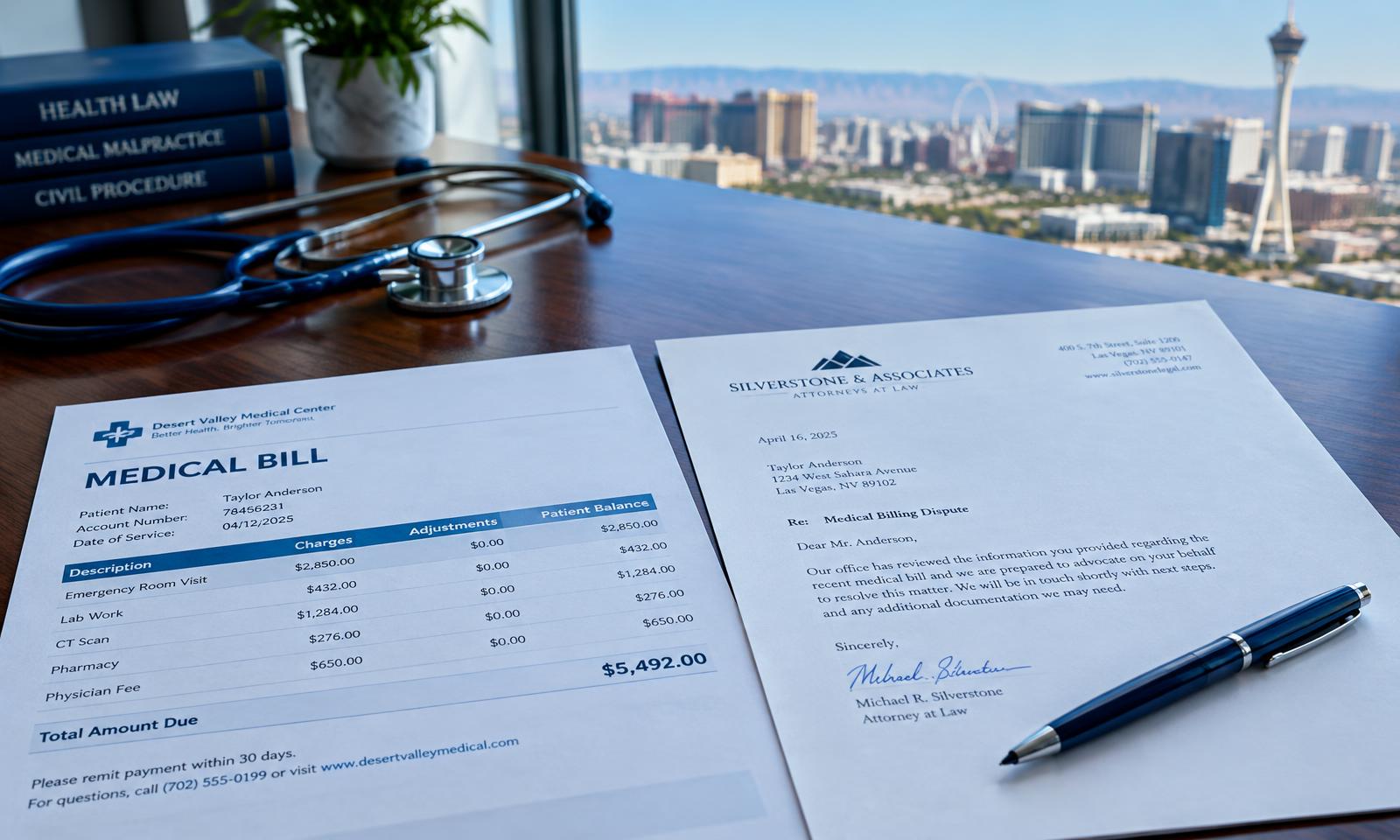 Medical bill and attorney letter of protection on a Las Vegas office desk