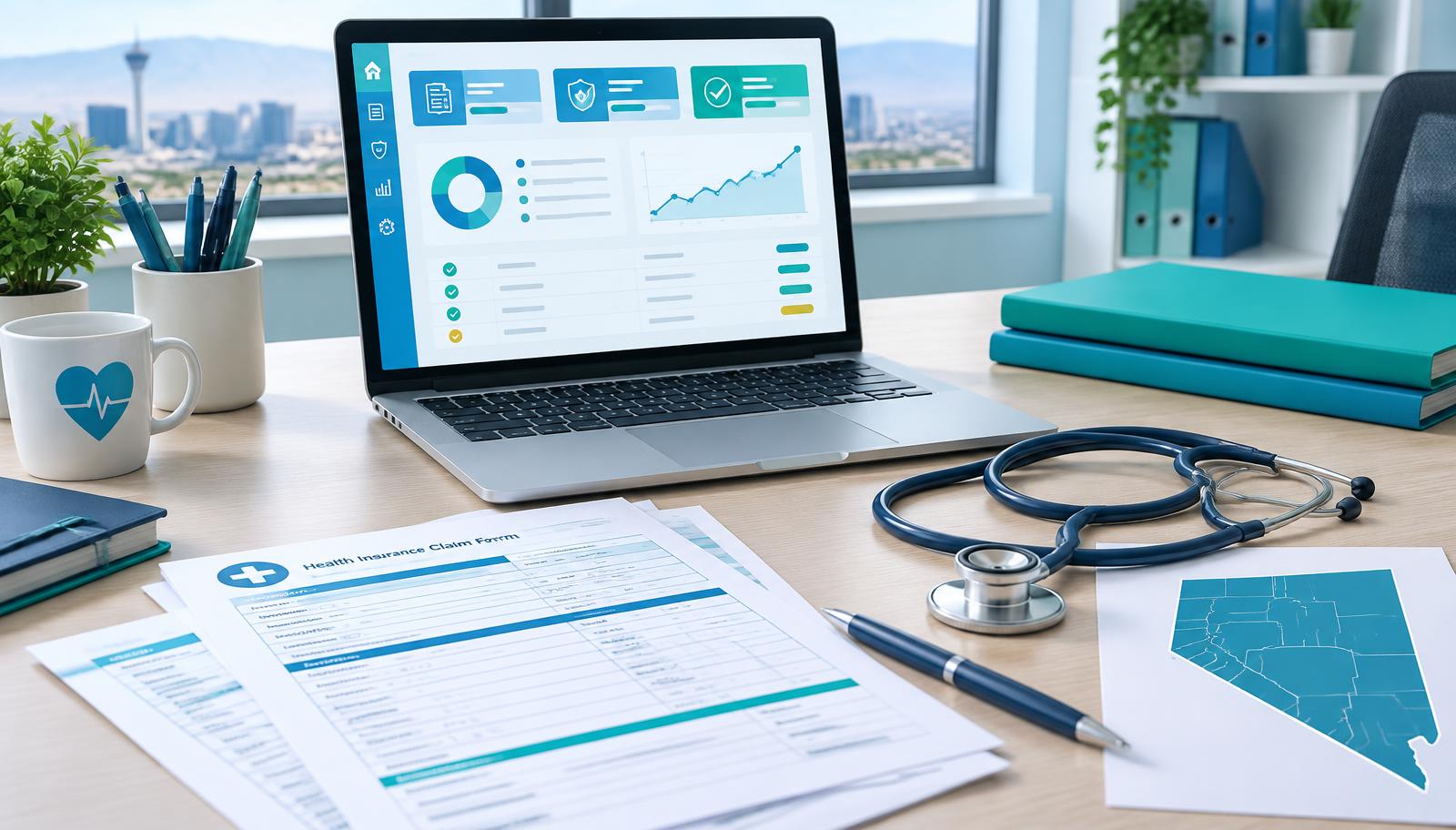 A Nevada medical biller's desk with claim forms, a laptop showing a billing dashboard and a Nevada map