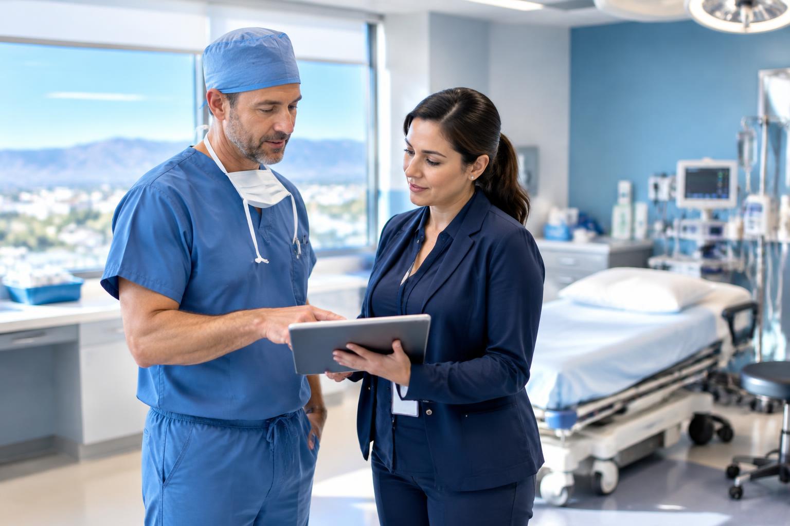 Orthopedic surgeon and billing coordinator reconciling claims at an outpatient surgery center