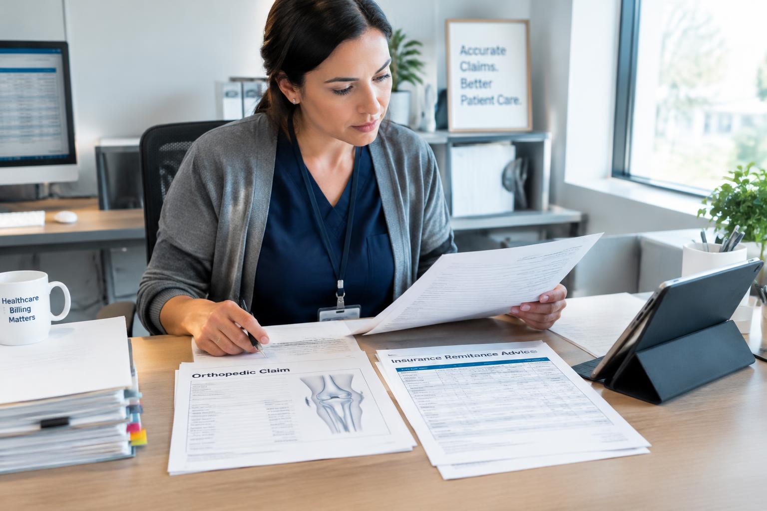 Billing specialist reviewing an orthopedic claim and insurance remittance advice
