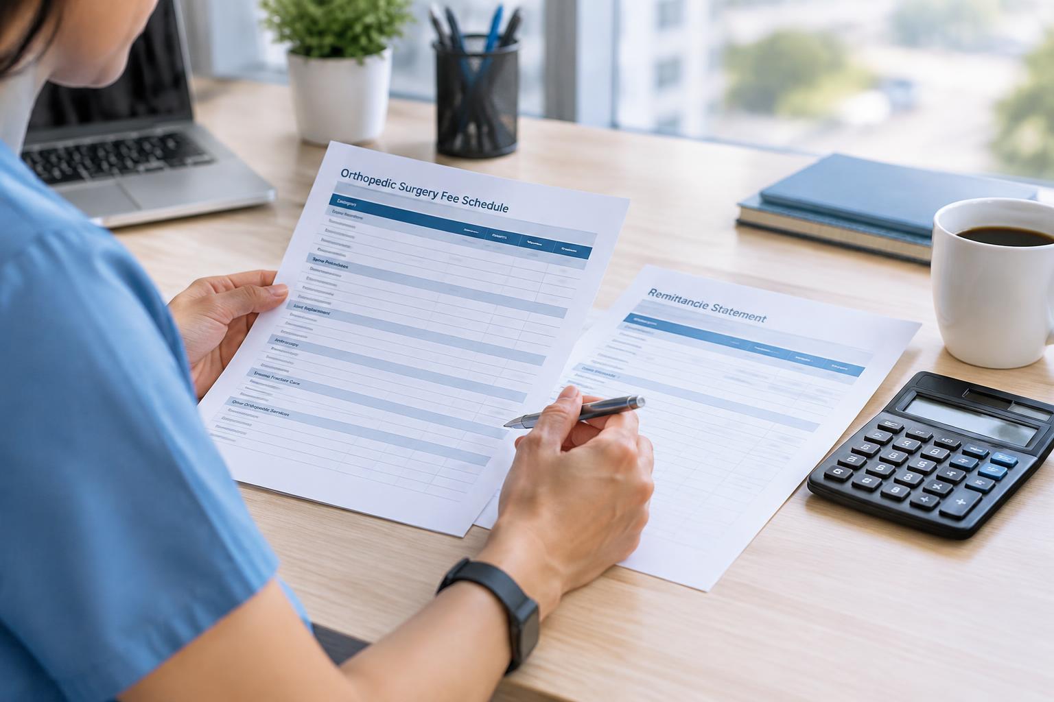 Medical billing specialist reviewing an orthopedic surgery fee schedule and remittance statement