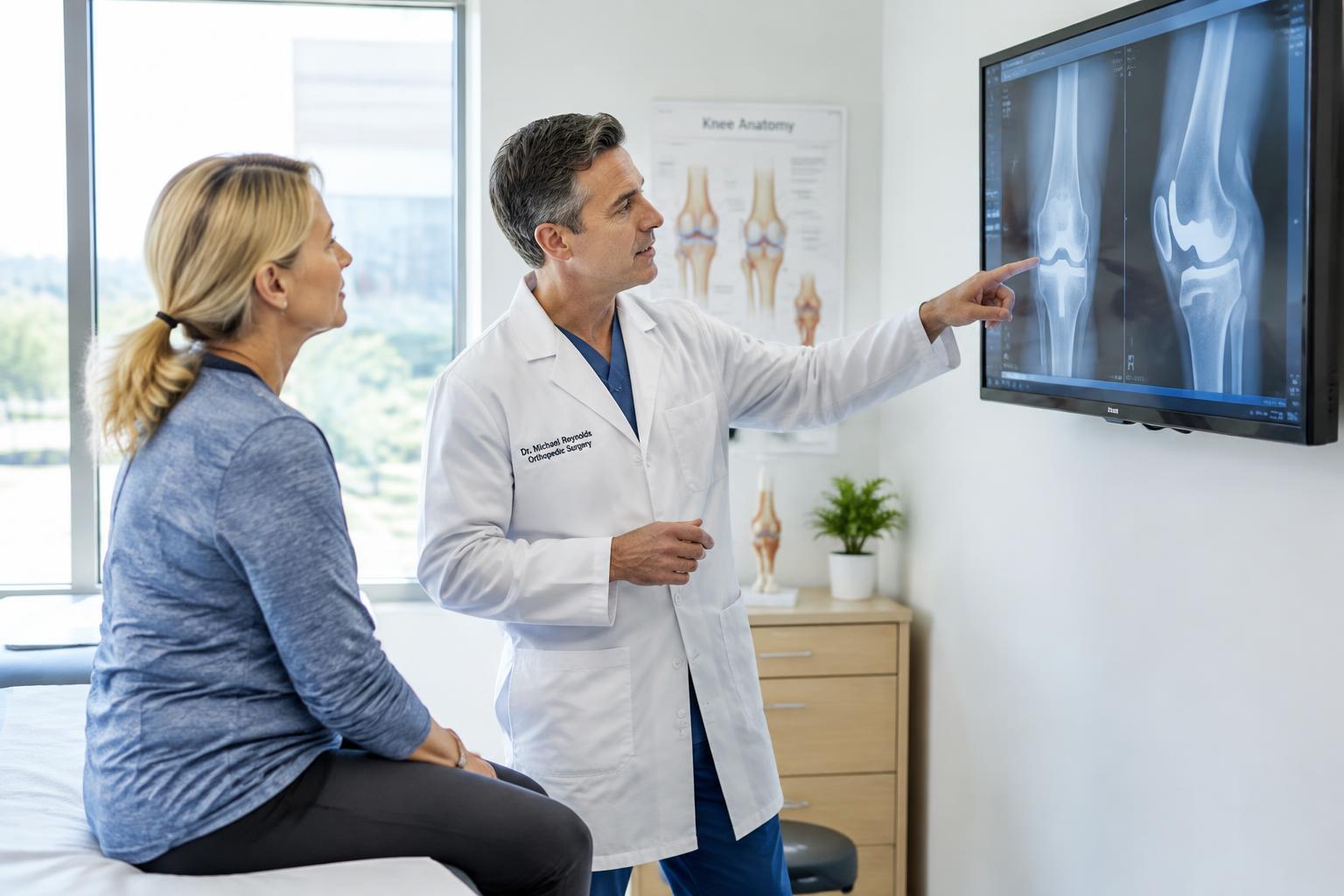 Orthopedic surgeon reviewing knee X-rays with a patient after surgery