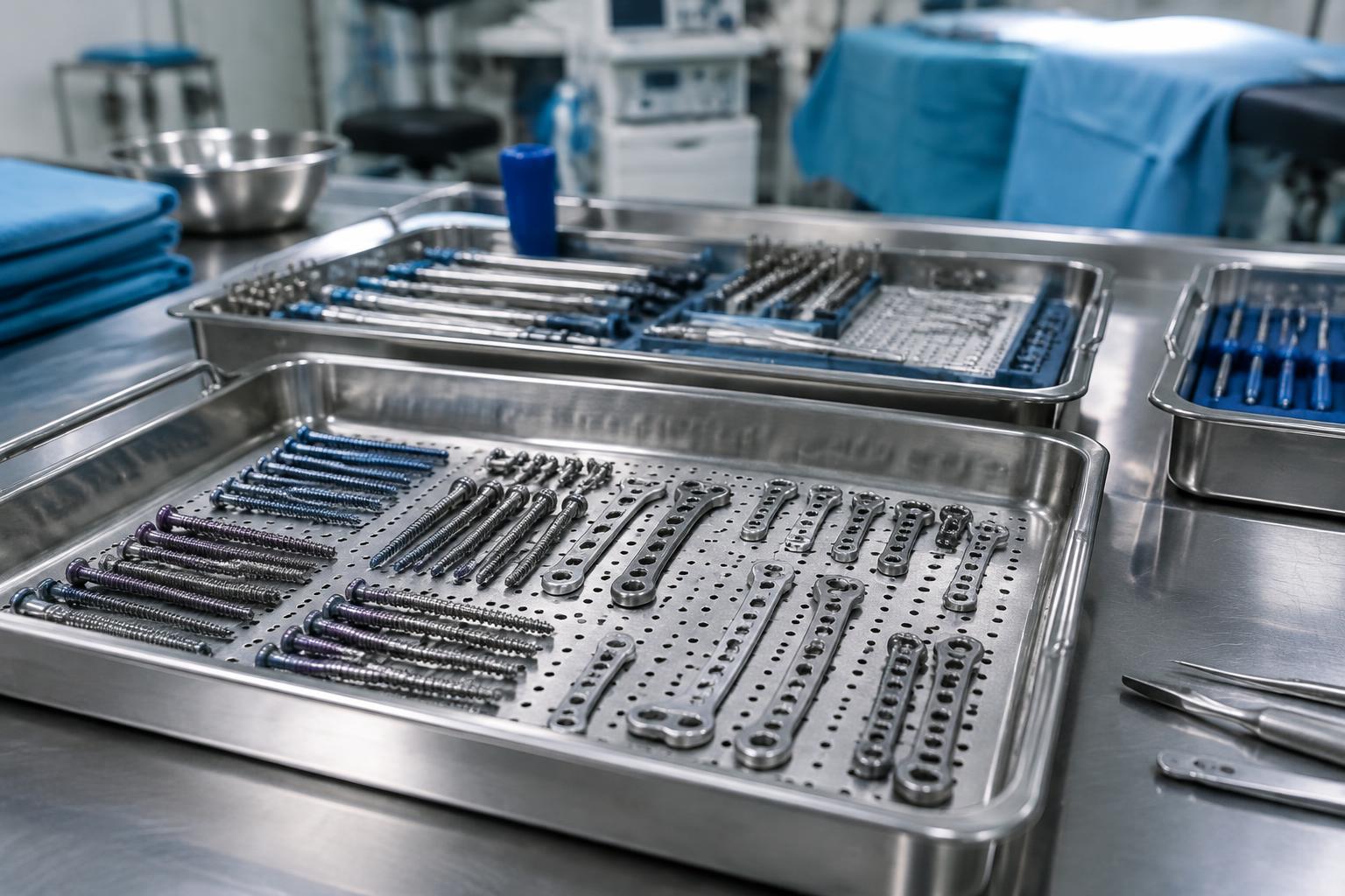 Sterile orthopedic implant trays with titanium screws and plates