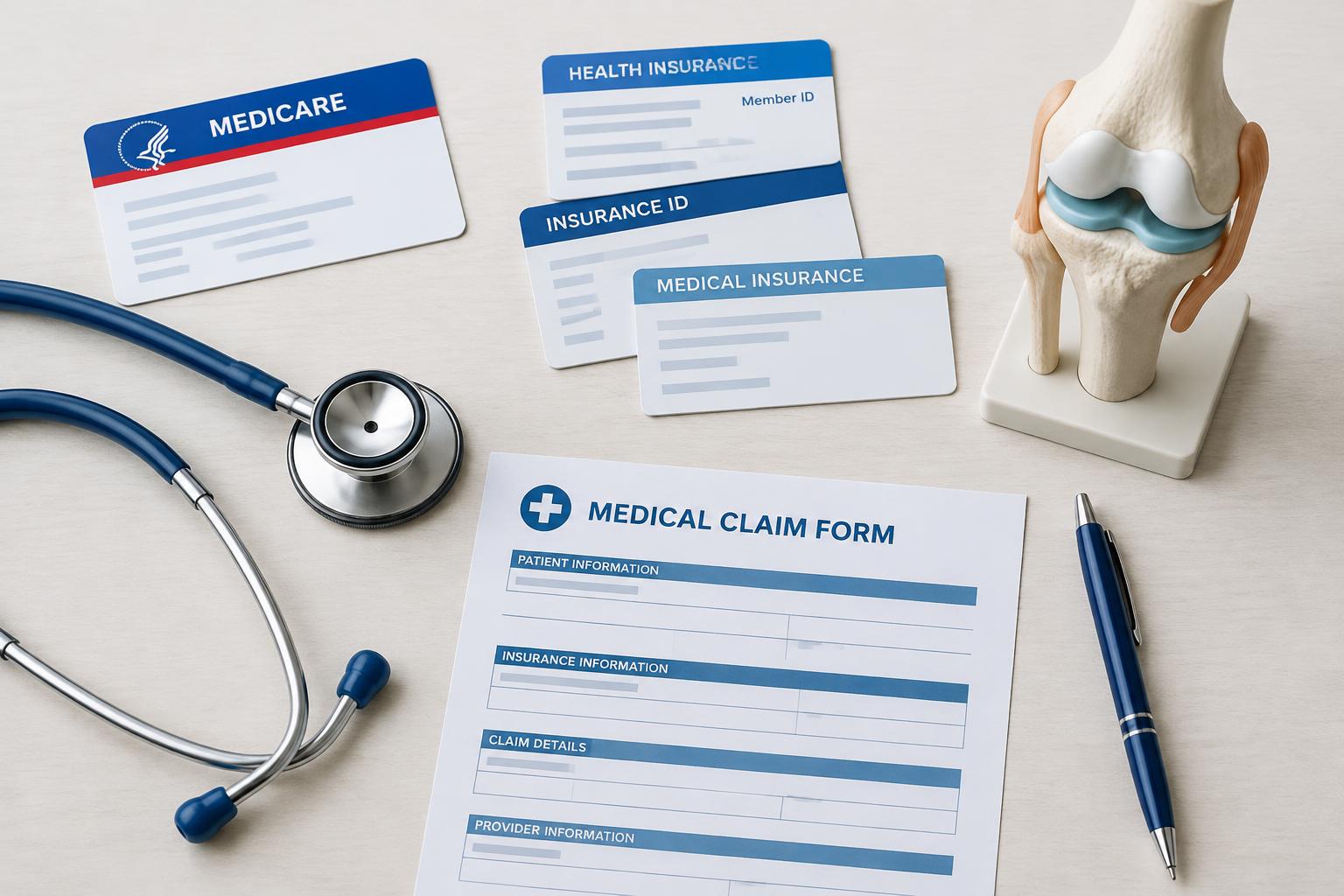 Orthopedic insurance claim materials including Medicare and commercial payer cards