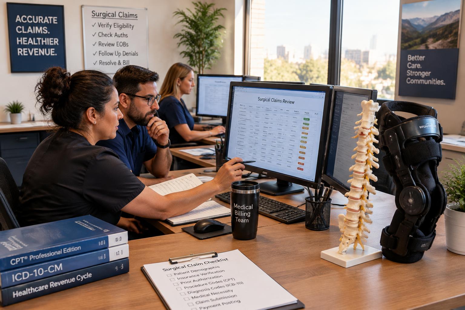Orthopedic practice billing team reviewing surgical claims