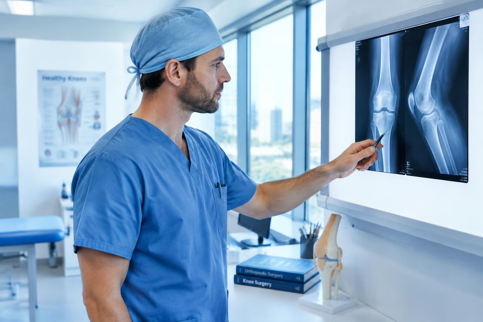 Orthopedic surgeon reviewing a knee X-ray before surgery