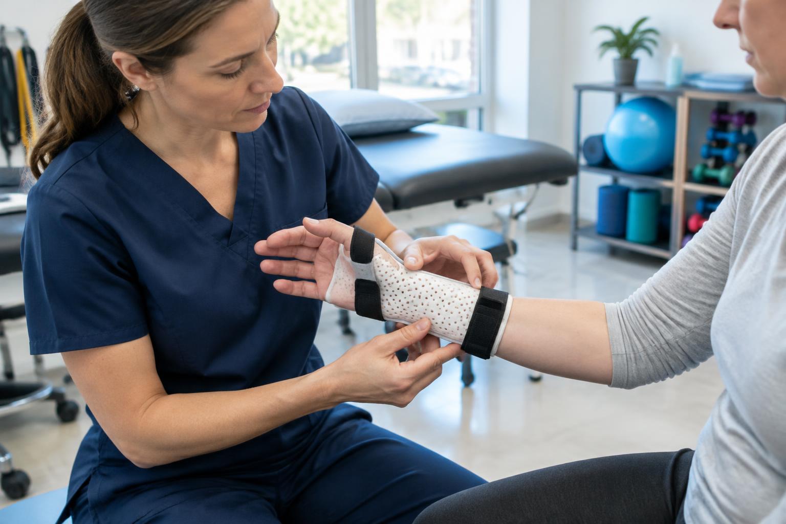 Hand therapist fitting a custom wrist orthosis
