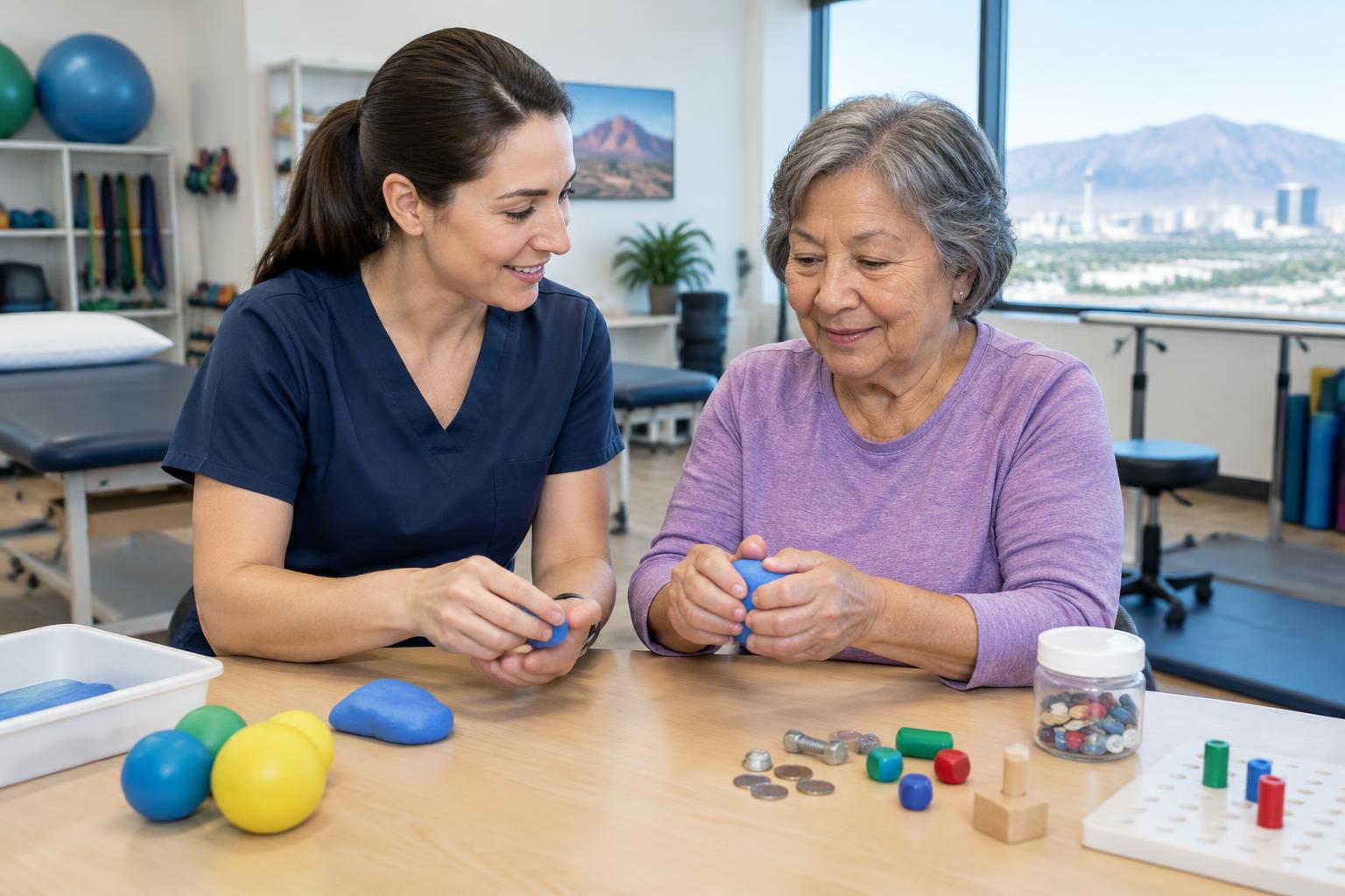 Occupational therapist helping a patient with hand dexterity exercises
