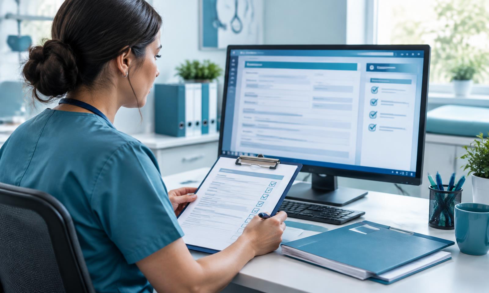 Medical billing specialist reviewing a prior authorization request and checklist