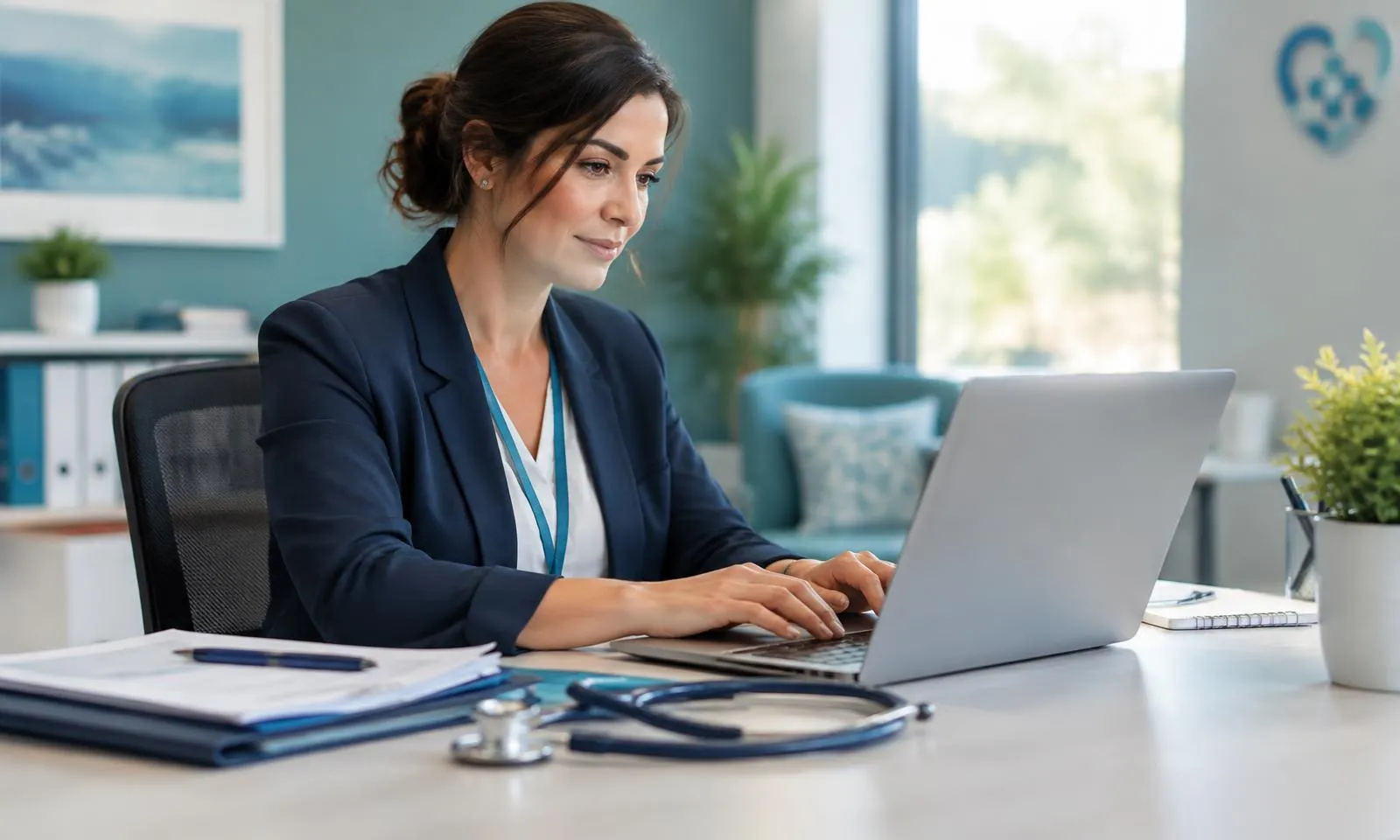 Practice manager completing a Nevada Medicaid provider enrollment application on a laptop