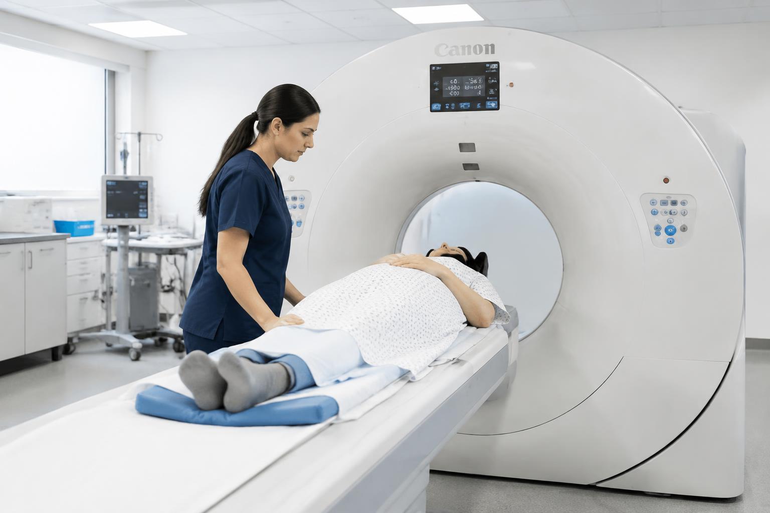 Technologist positioning a patient on a CT scanner