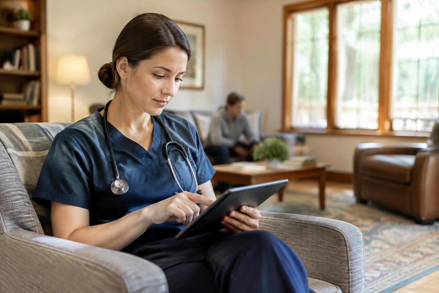 Nurse reviewing a patient chart in a residential treatment facility