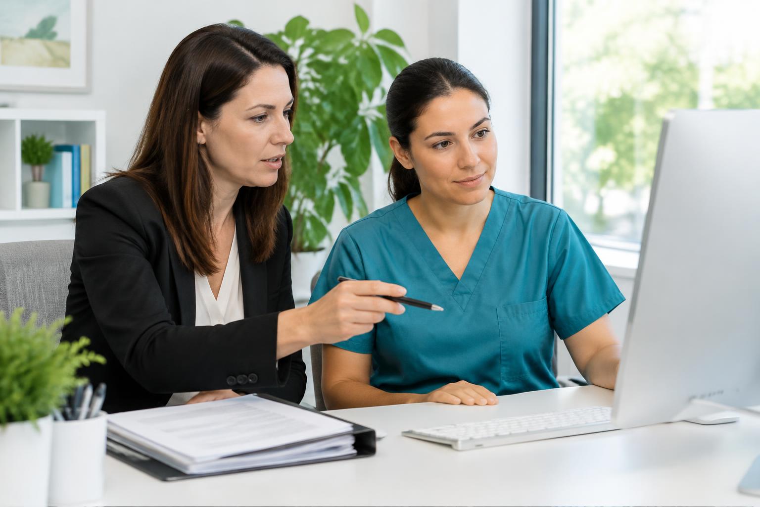 Speech therapy clinic team reviewing claims and revenue