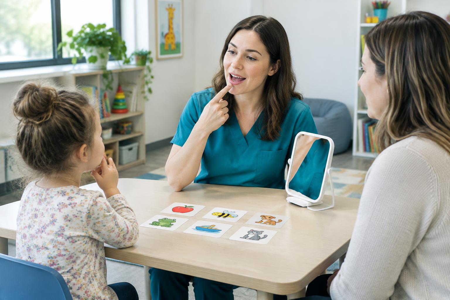 Speech therapist supporting a child's articulation practice