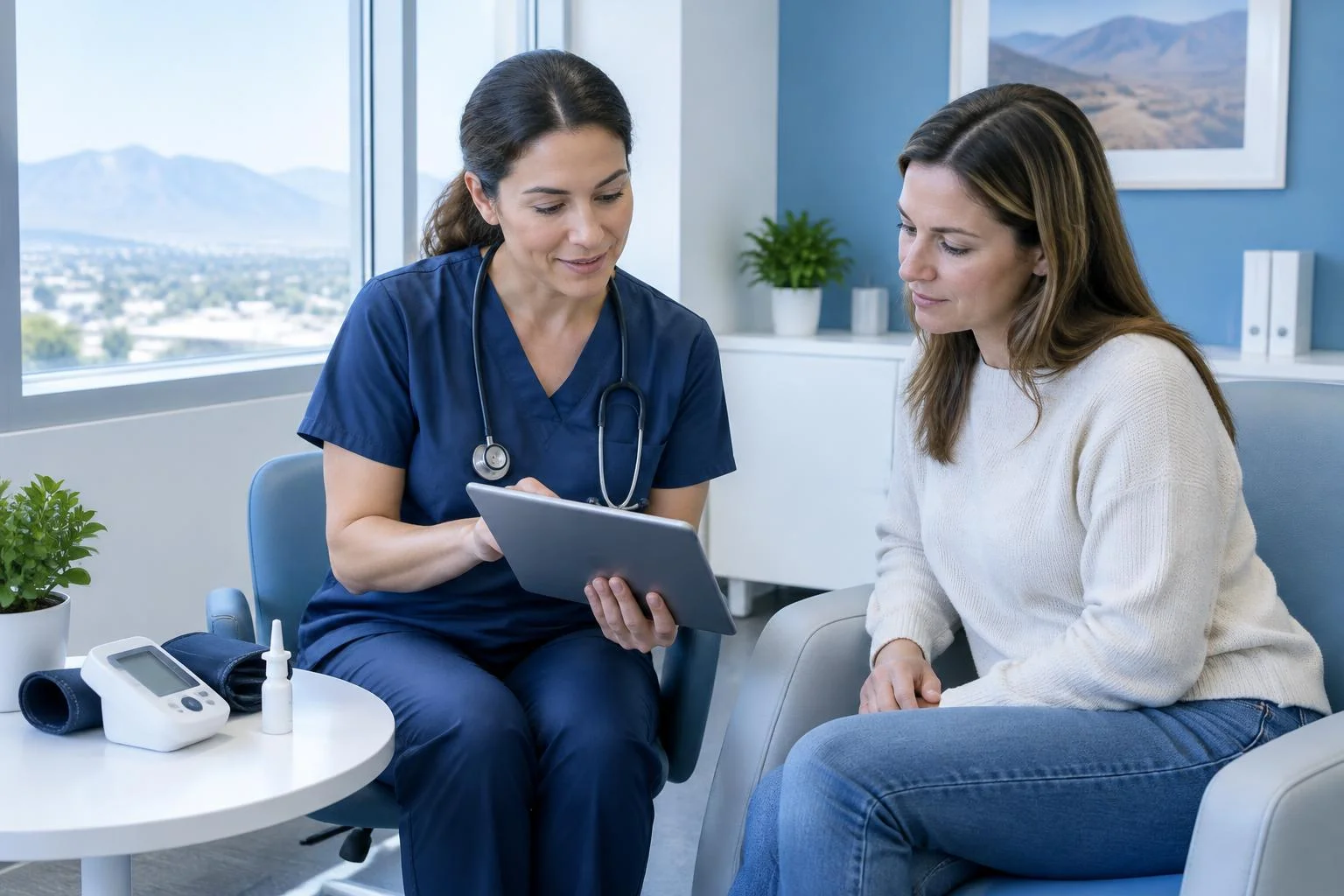 Nurse reviewing treatment documentation with a patient in an outpatient mental health clinic