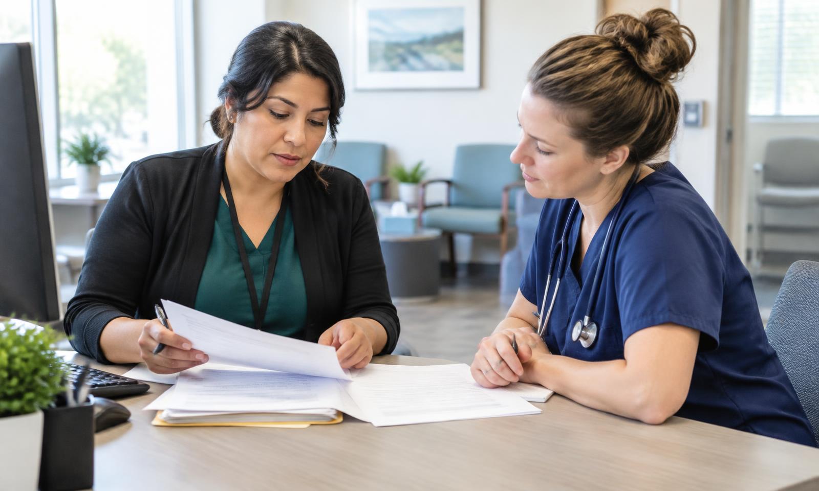 Behavioral health clinician and billing specialist reviewing reimbursement paperwork