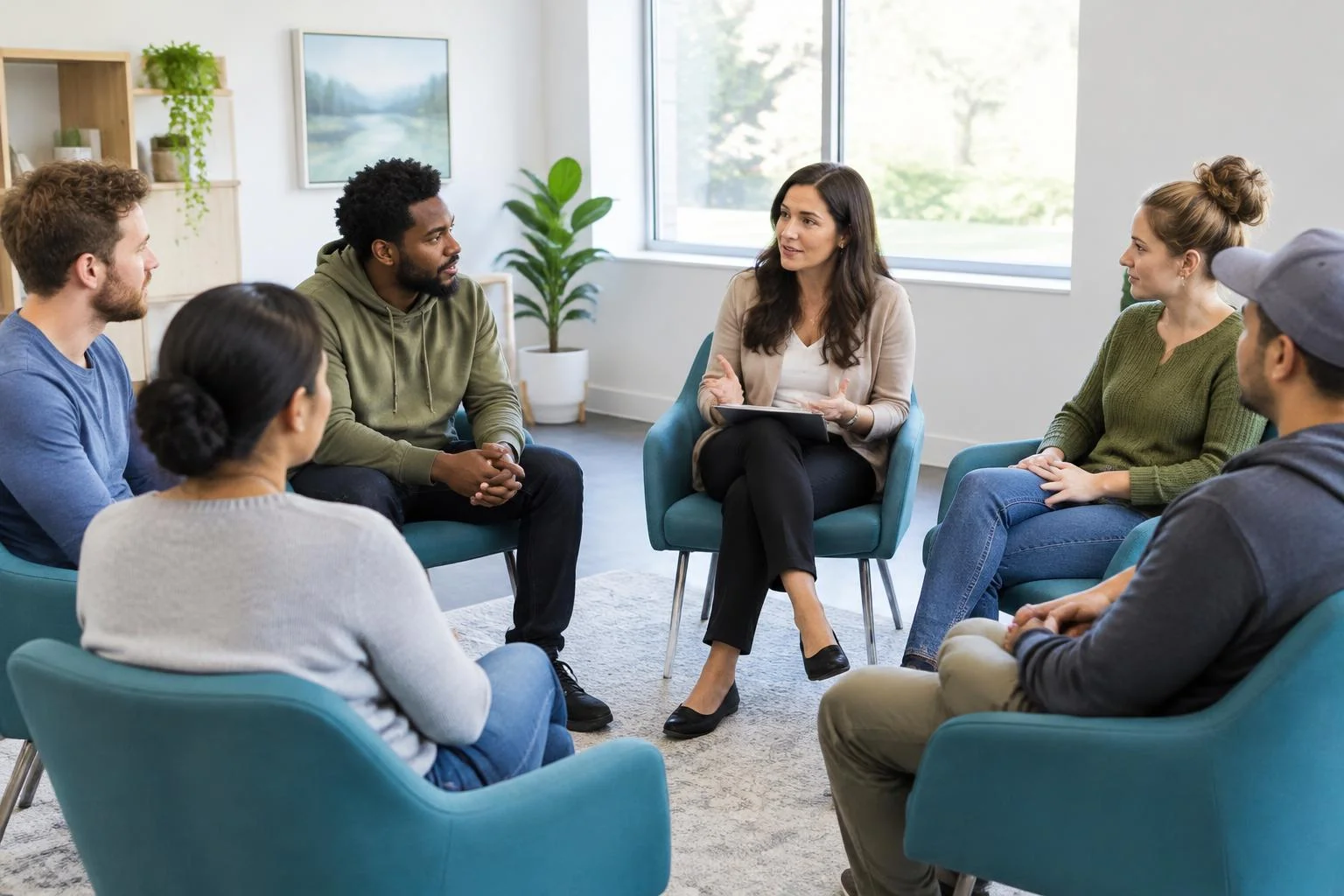 Counselor supporting adults during a group session in an outpatient addiction treatment center