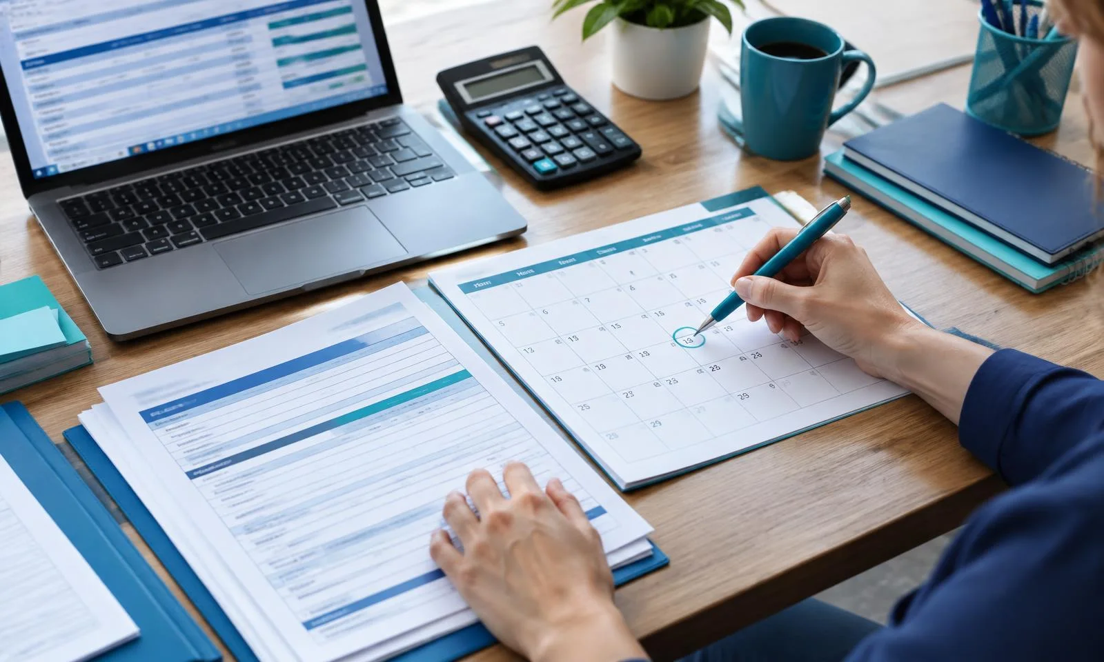 Medical billing specialist reviewing a calendar and claim paperwork to track filing deadlines