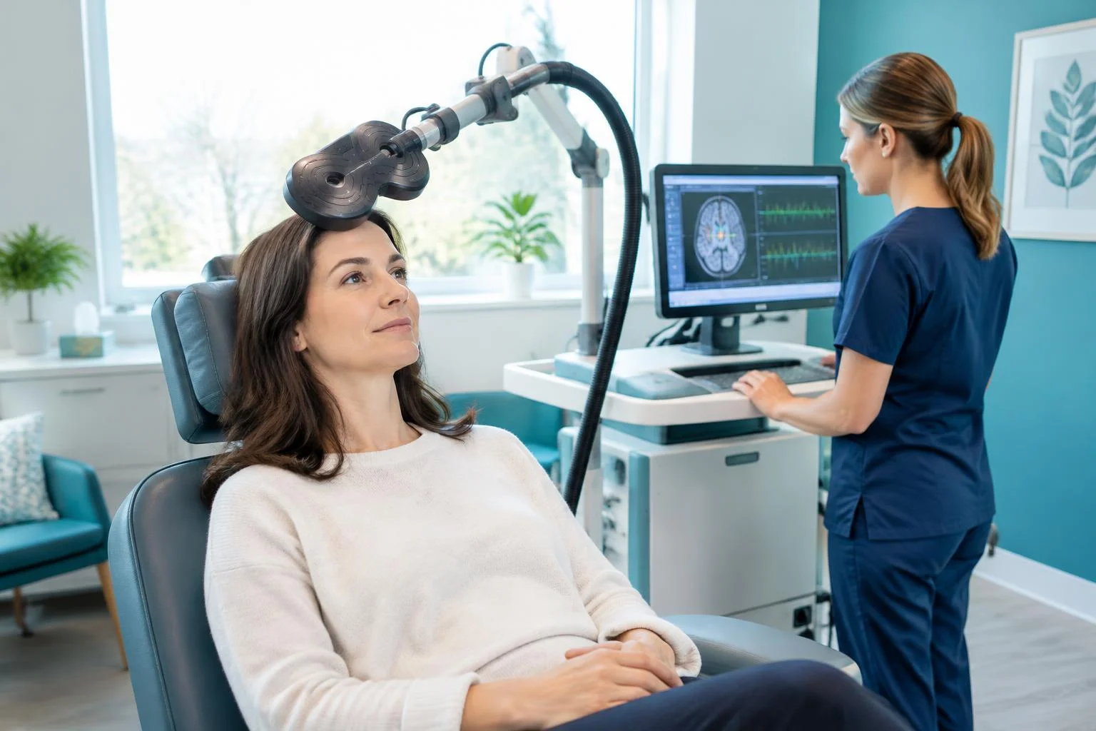 Patient receiving transcranial magnetic stimulation while a technician monitors treatment in an outpatient clinic