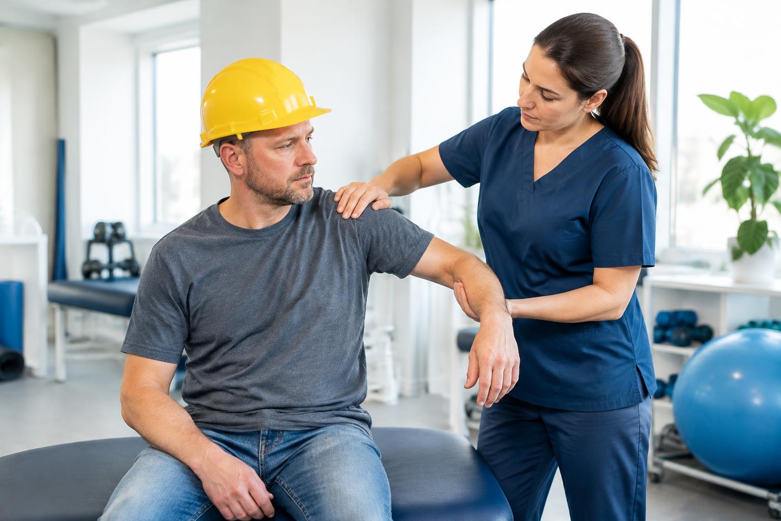 Therapist treating an injured worker's shoulder